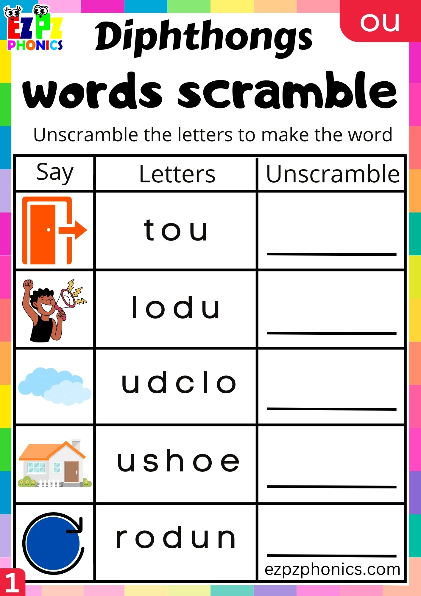 ou Diphthong Word Scramble Worksheet PDF Download